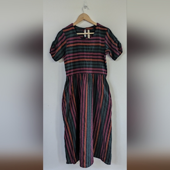 Mata Traders Kavita Chocolate Stripe Brown Green Striped Multicolor Midi Dress M - Picture 2 of 10